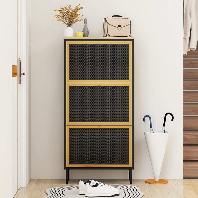 Entryway Shoe Storage Cabinet with 3 Flip Drawers Metal Door Shoe Cabinet Organizer Mesh Door Black